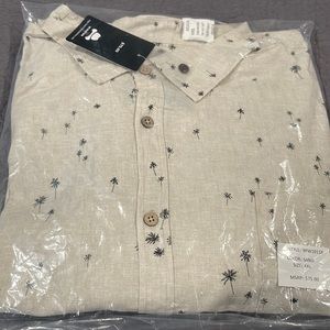 Mens light weight cotton shirt. Color is called sand.